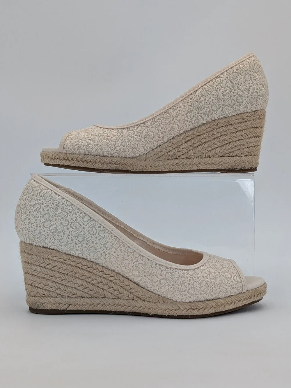 Bandolino Nuri Sz 6.5M Natural Linen Floral Espadrille Jute-Wrapped Wedge Sandal